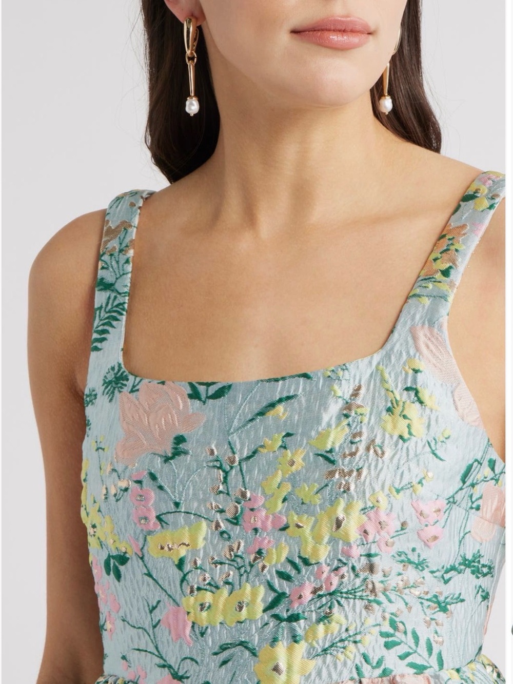 Chelsea28 Pastel Floral Mini Dress in Light Blue with Pink & Yellow Embroidery